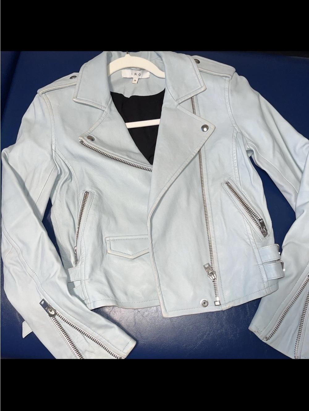 IRO Pale Blue Leather Moto Jacket with Silver Hardware size 36